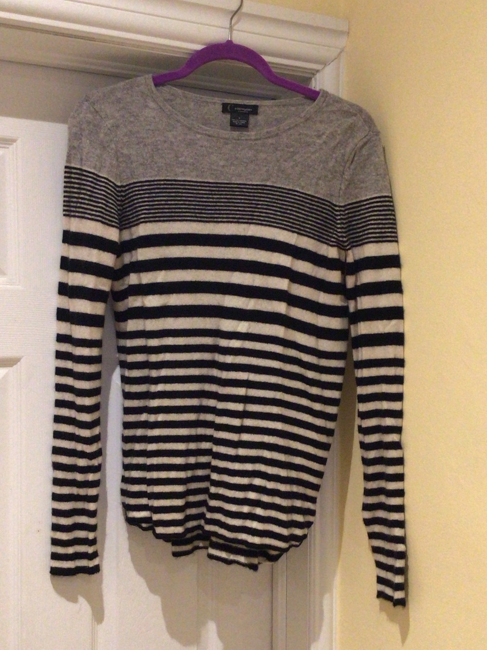 Bloomingdale's Cashemer Gray, Black & Cream  Striped Crewneck Sweater
